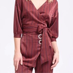 J.O.A. Striped Surplice S Wrap Top & Pants Wine Color NWT